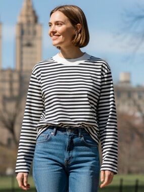 COS Striped Long-Sleeved Mock-Neck Minimalist T-Shirt, Black/White, Size S